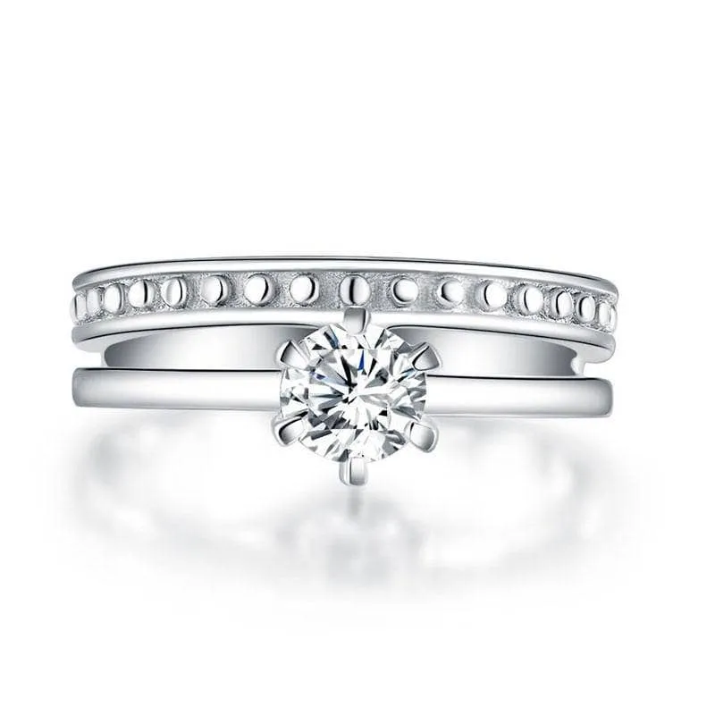 Solitaire Diamond Engagement Ring with Beaded Band Set