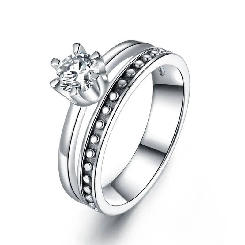 Solitaire Diamond Engagement Ring with Beaded Band Set
