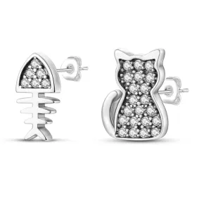 Sparkling Cat & Fish Stud Earrings