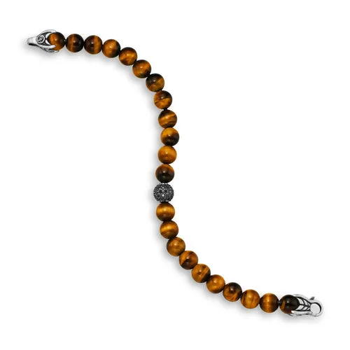 Spiritual Beads Bracelet in Sterling Silver with Tigers Eye and Pavé Black Diamond Station, 8mm