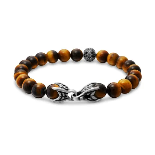 Spiritual Beads Bracelet in Sterling Silver with Tigers Eye and Pavé Black Diamond Station, 8mm