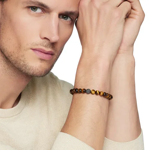 Spiritual Beads Bracelet in Sterling Silver with Tigers Eye and Pavé Black Diamond Station, 8mm