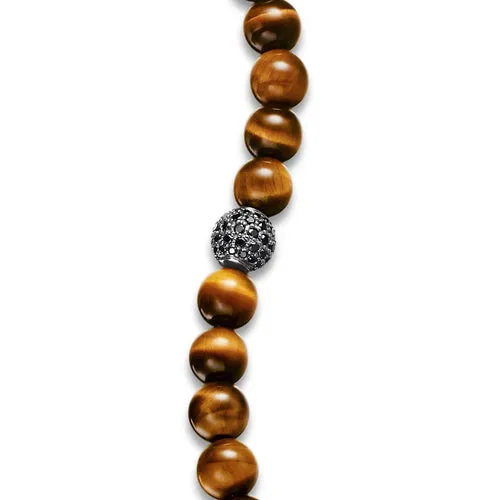 Spiritual Beads Bracelet in Sterling Silver with Tigers Eye and Pavé Black Diamond Station, 8mm