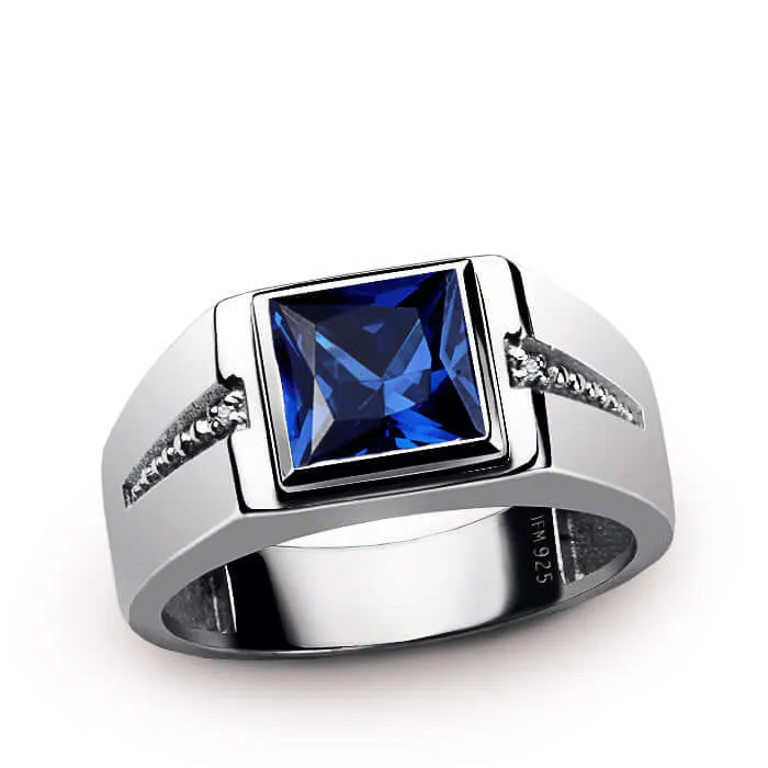 Square Gemstone & Diamonds Men's Ring Rhodium Finish Silver