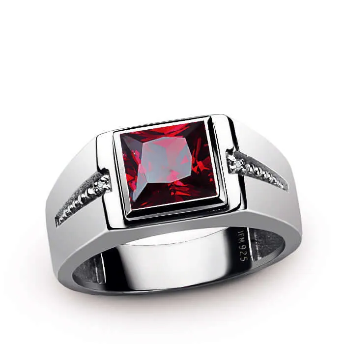 Square Gemstone & Diamonds Men's Ring Rhodium Finish Silver