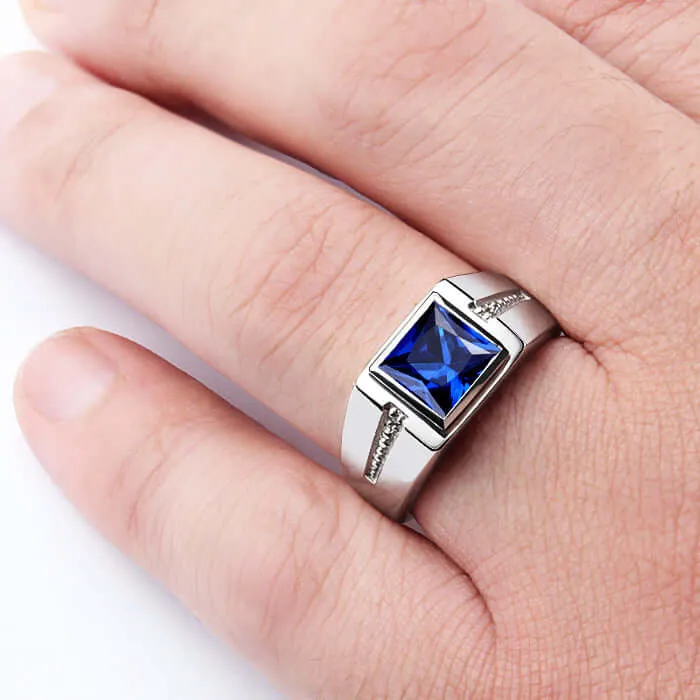 Square Gemstone & Diamonds Men's Ring Rhodium Finish Silver