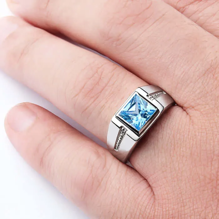 Square Gemstone & Diamonds Men's Ring Rhodium Finish Silver