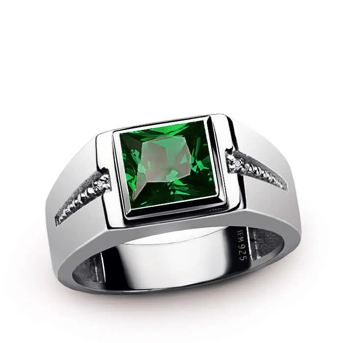 Square Gemstone & Diamonds Men's Ring Rhodium Finish Silver