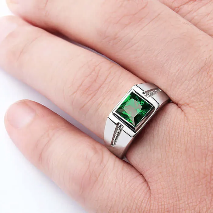 Square Gemstone & Diamonds Men's Ring Rhodium Finish Silver