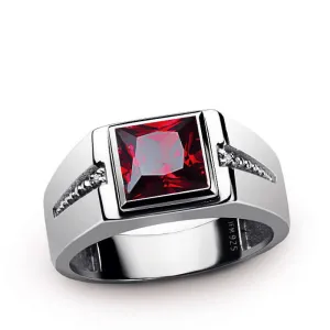 Square Gemstone & Diamonds Men's Ring Rhodium Finish Silver