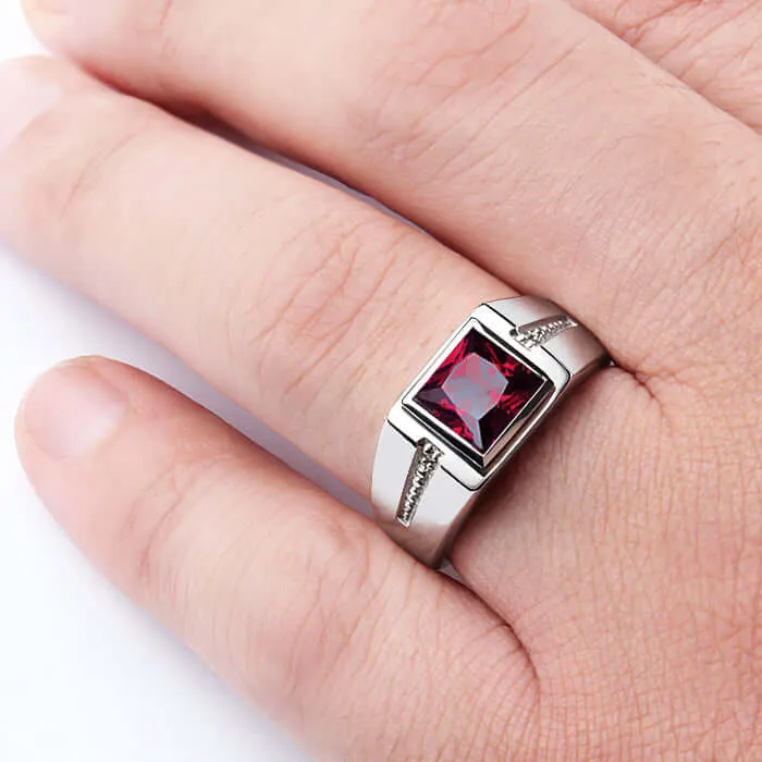 Square Gemstone & Diamonds Men's Ring Rhodium Finish Silver