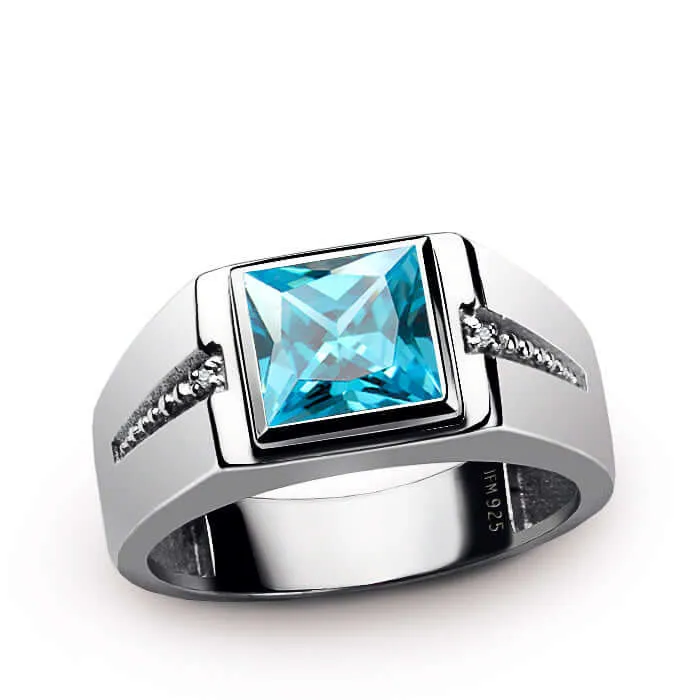 Square Gemstone & Diamonds Men's Ring Rhodium Finish Silver