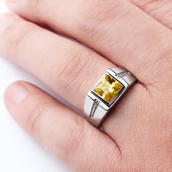 Square Gemstone & Diamonds Men's Ring Rhodium Finish Silver