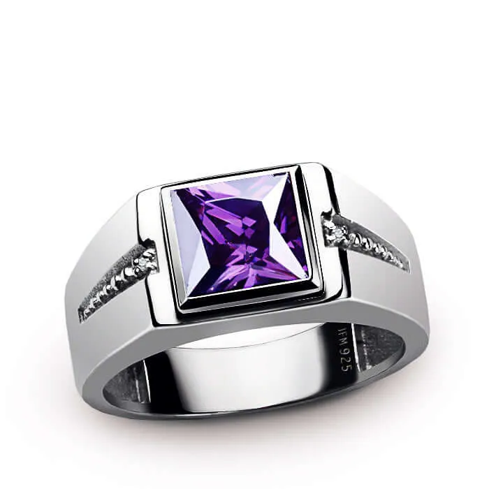 Square Gemstone & Diamonds Men's Ring Rhodium Finish Silver