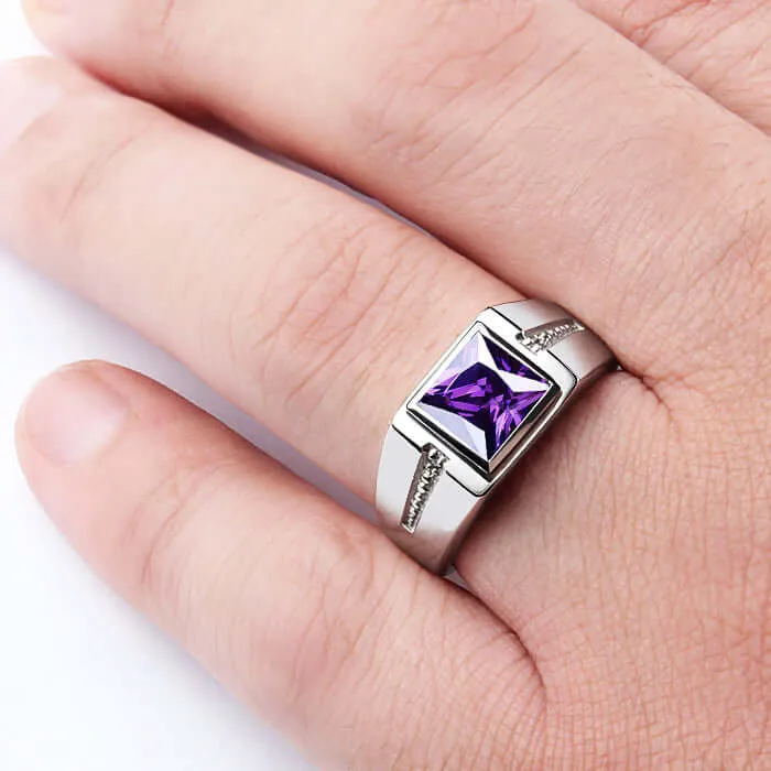 Square Gemstone & Diamonds Men's Ring Rhodium Finish Silver