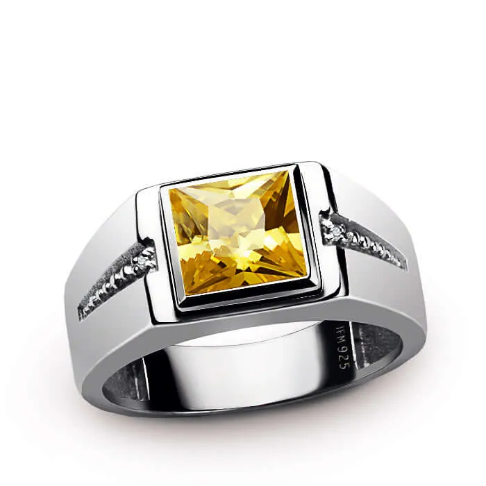 Square Gemstone & Diamonds Men's Ring Rhodium Finish Silver