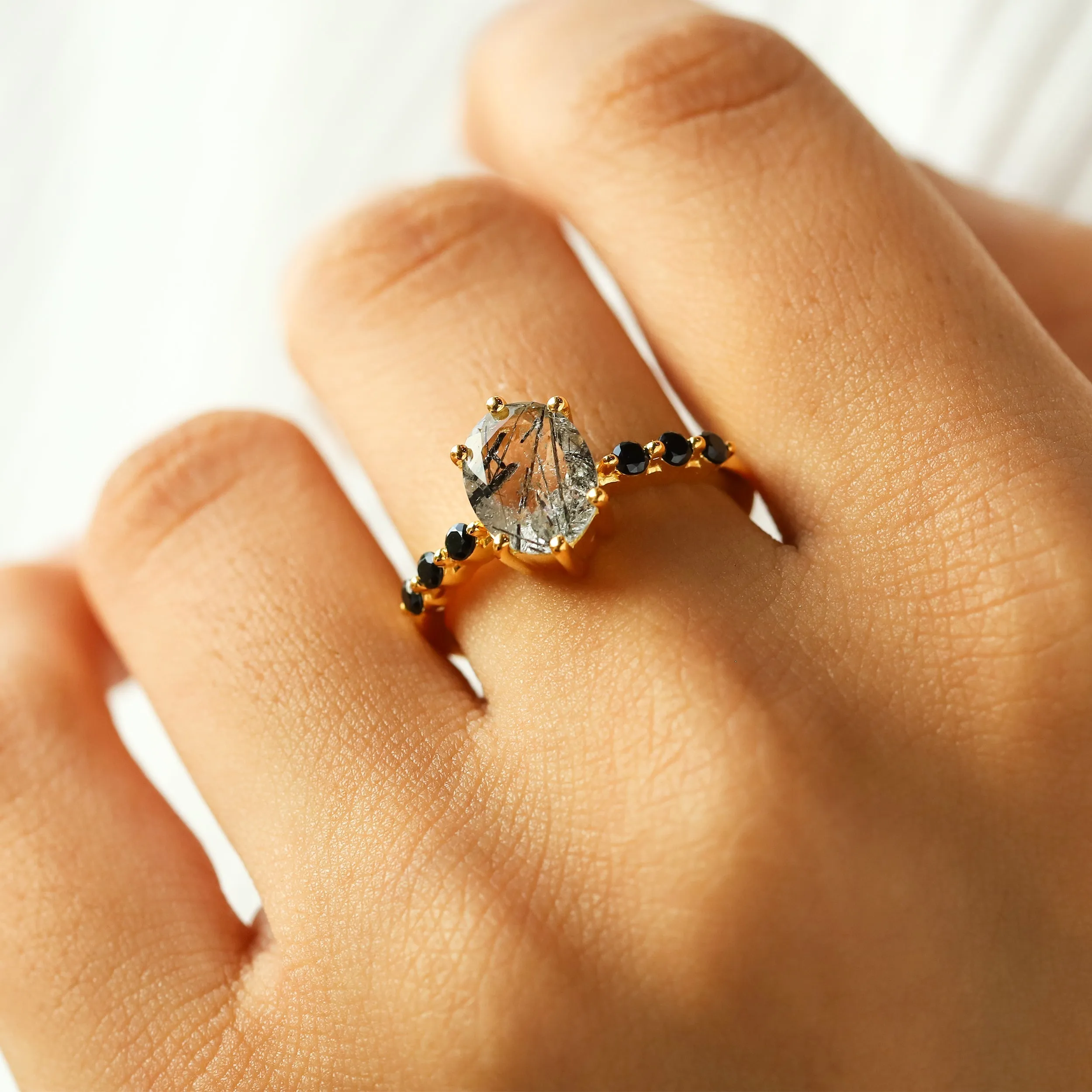 Stella Oval Solitaire Black Rutile Ring with Black Spinel