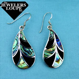 Sterling Silver Abalone and Onyx Leaf Earrings (91893)