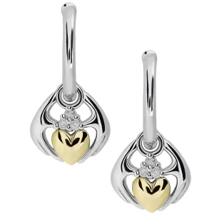 Sterling Silver and 14K Gold Mix - Diamond Claddagh Earrings UES-6171