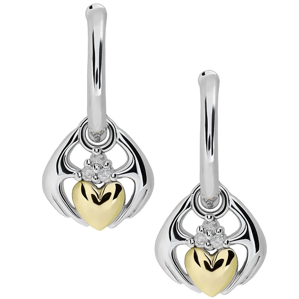 Sterling Silver and 14K Gold Mix - Diamond Claddagh Earrings UES-6171
