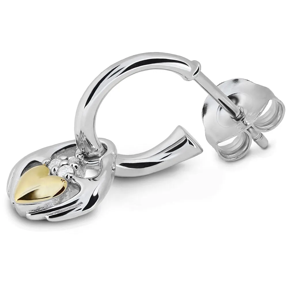 Sterling Silver and 14K Gold Mix - Diamond Claddagh Earrings UES-6171