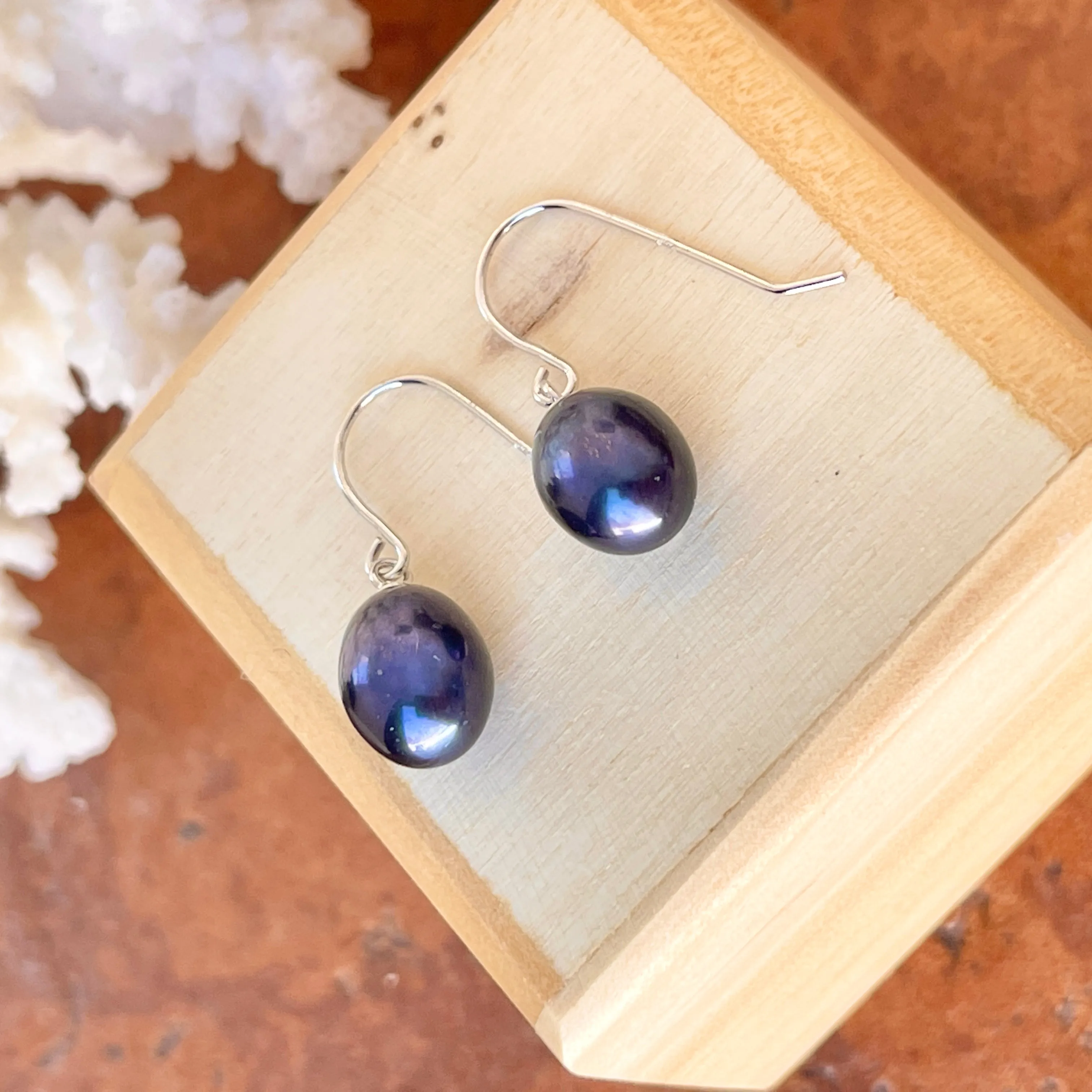 Sterling Silver Black Freshwater 8mm Pearl Hook Earrings