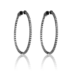 Sterling Silver Black Plated Inside Outside CZ Large Hoop Earrings