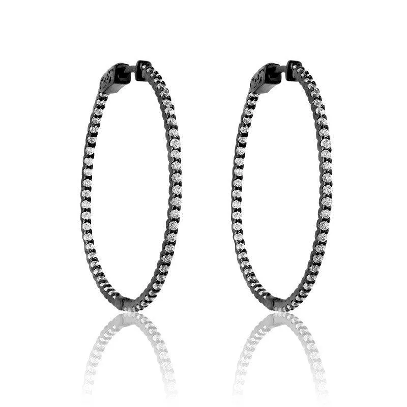 Sterling Silver Black Plated Inside Outside CZ Large Hoop Earrings