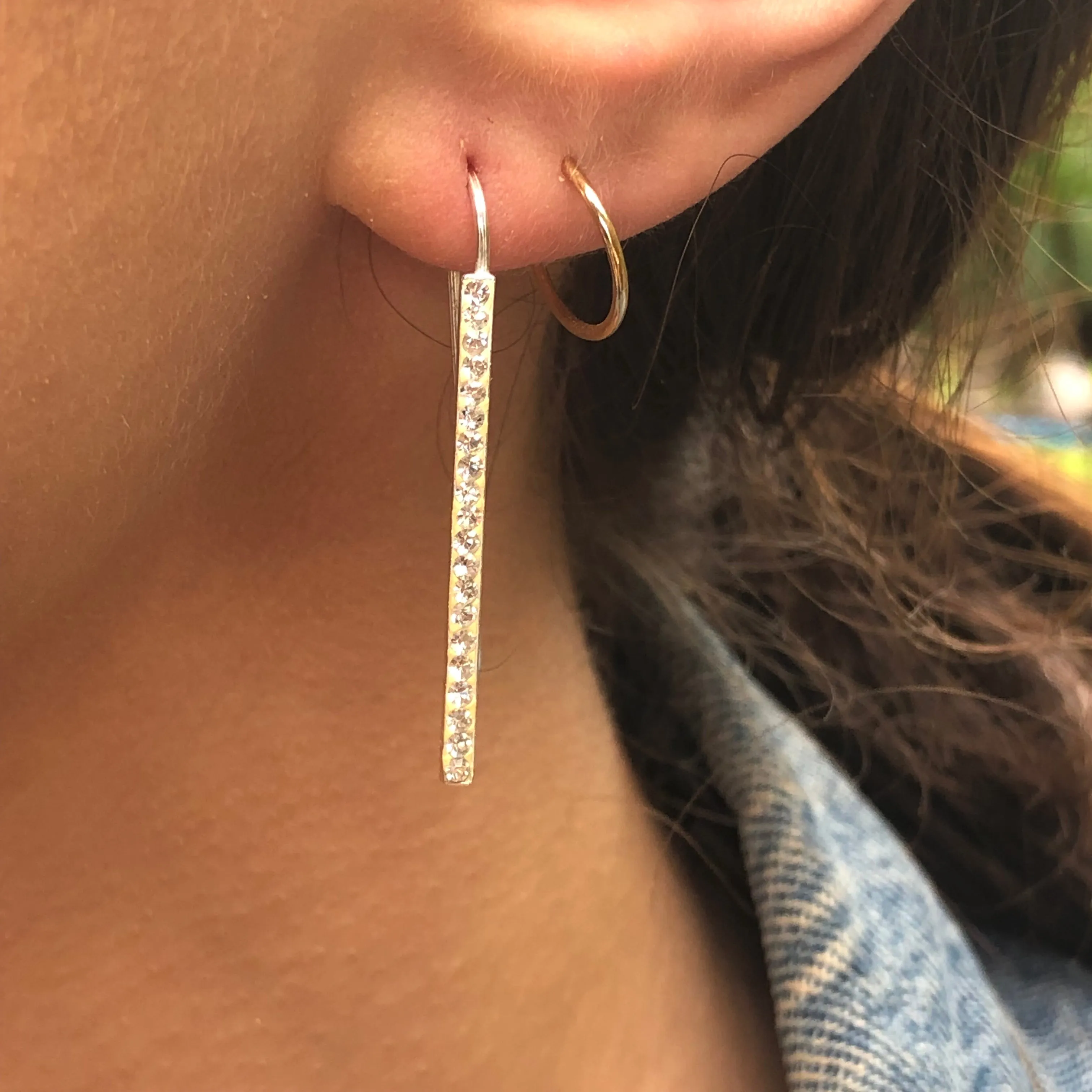 Sterling Silver CZ Stone Bar Wire Earrings