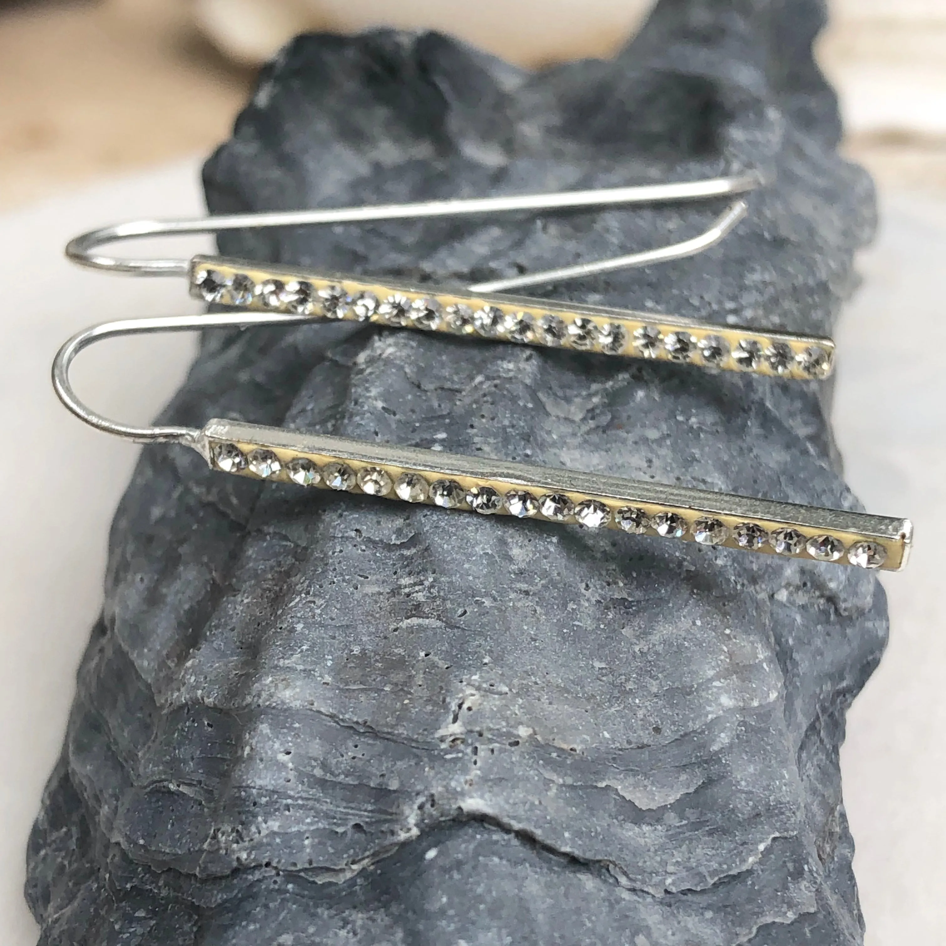 Sterling Silver CZ Stone Bar Wire Earrings
