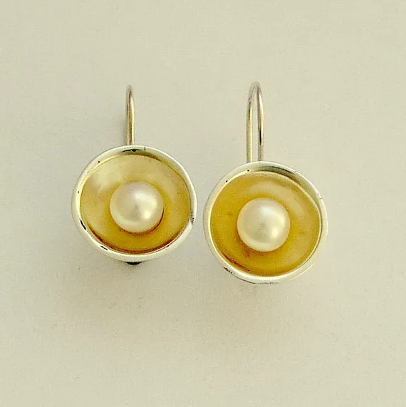 Sterling silver earrings, silver and yellow gold earrings, freshwater pearl earrings, mixed metal earrings, pearl earrings - Serenity E2081G