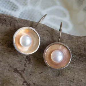 Sterling silver earrings, silver and yellow gold earrings, freshwater pearl earrings, mixed metal earrings, pearl earrings - Serenity E2081G