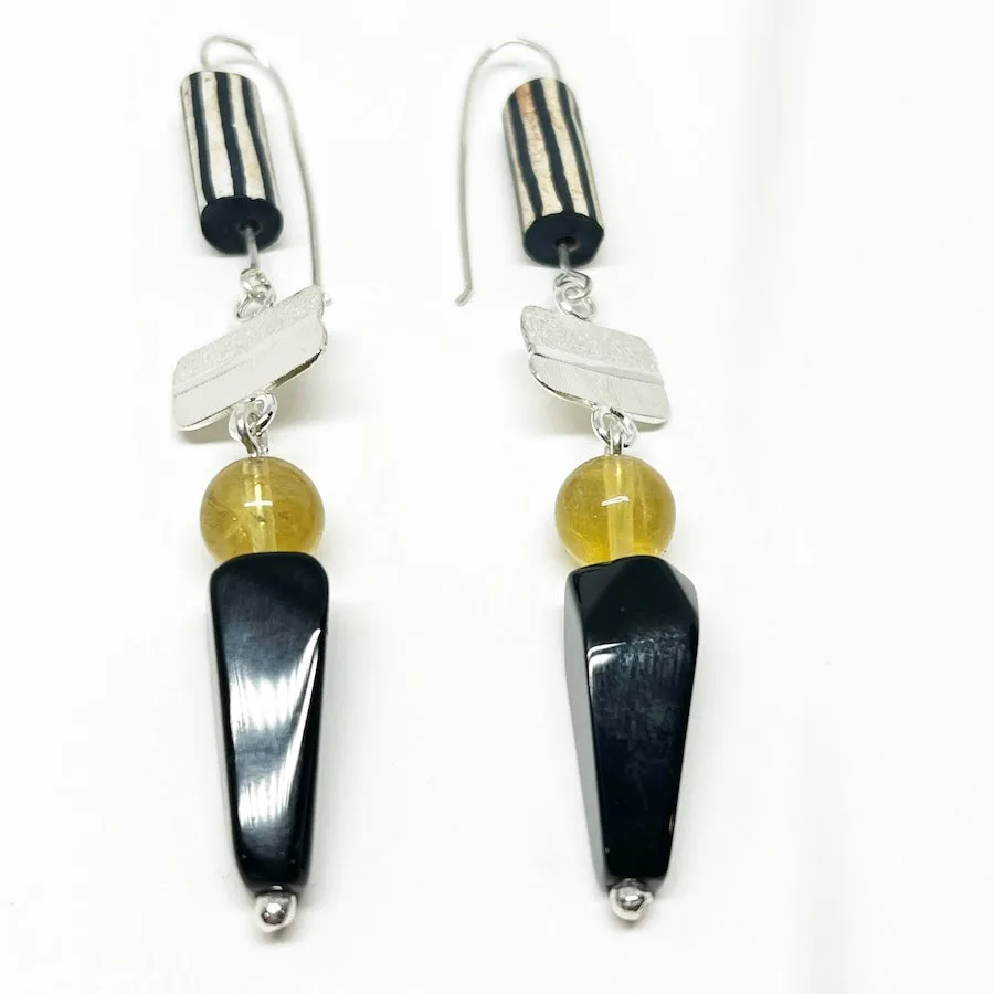 Sterling silver, obsidian, citrine & vintage Ceramic Earrings
