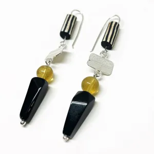 Sterling silver, obsidian, citrine & vintage Ceramic Earrings