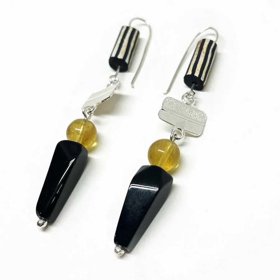 Sterling silver, obsidian, citrine & vintage Ceramic Earrings