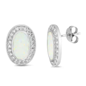 Sterling Silver Oval Halo Love Eternity Earrings White Synthetic Opal Clear CZ