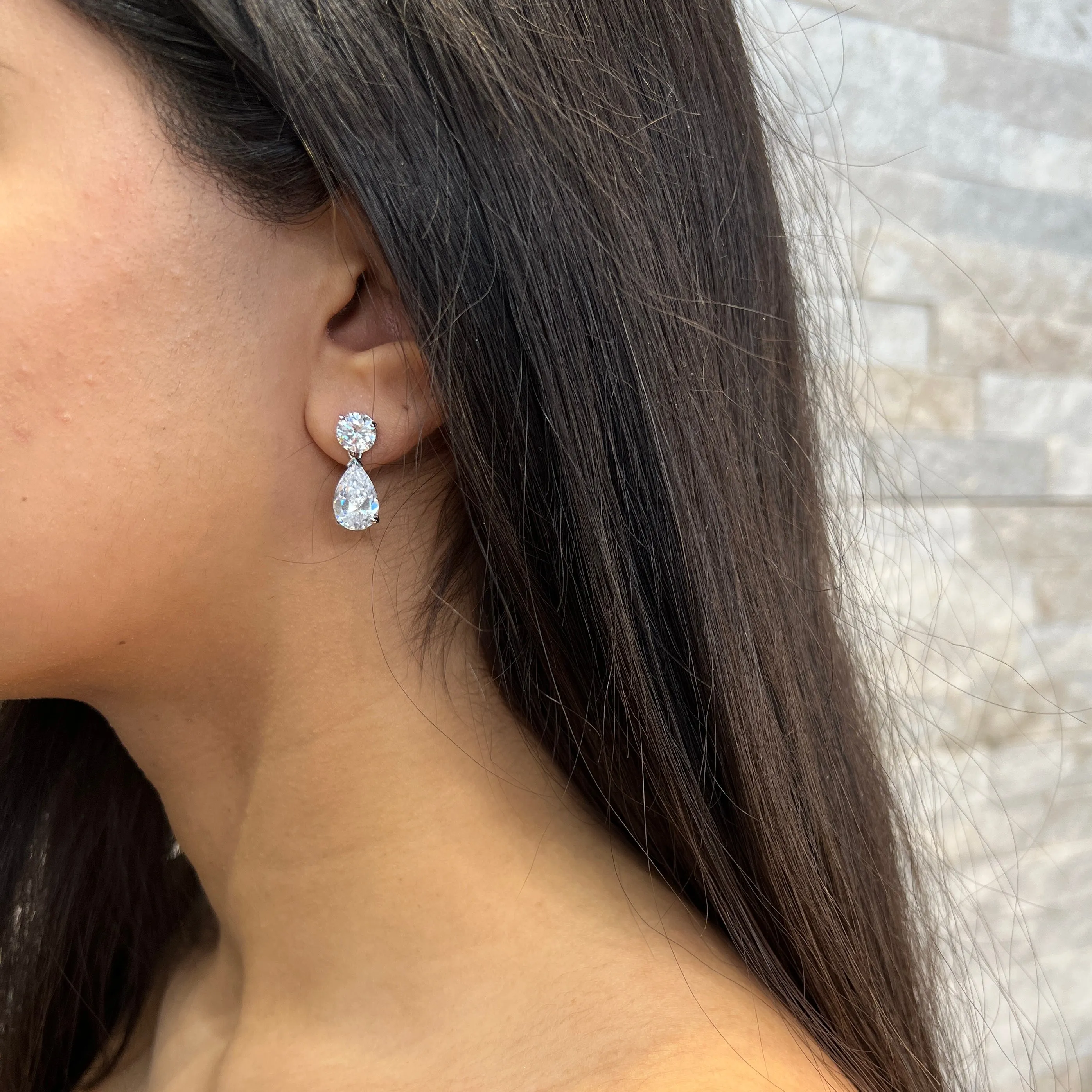 Sterling Silver Rhodium Plated Pear Shape CZ Dangle Earrings