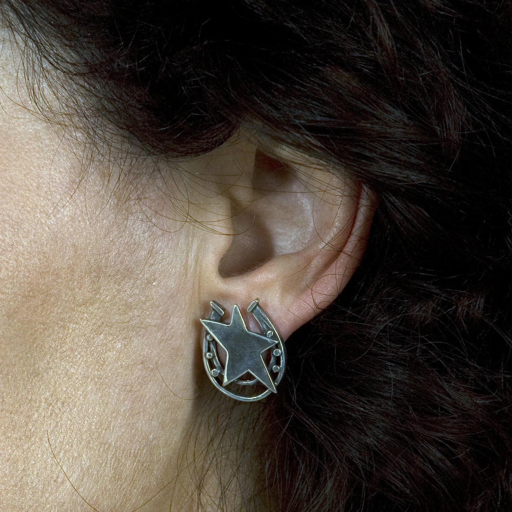 Sterling Silver Stars Earrings with Lucky Horseshoes
