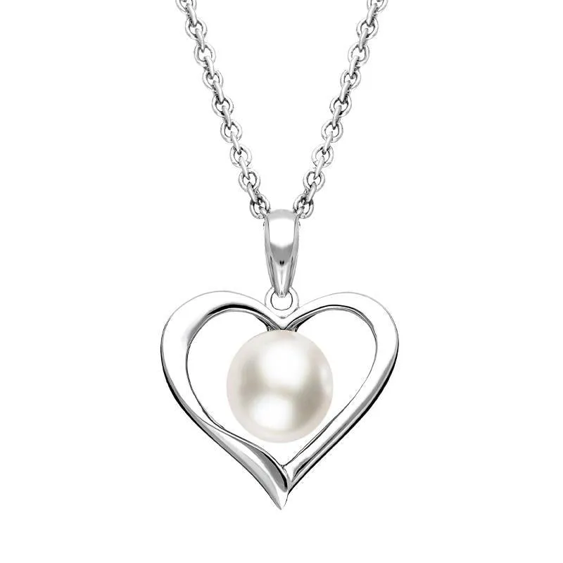 Sterling Silver White Pearl Open Heart Necklace