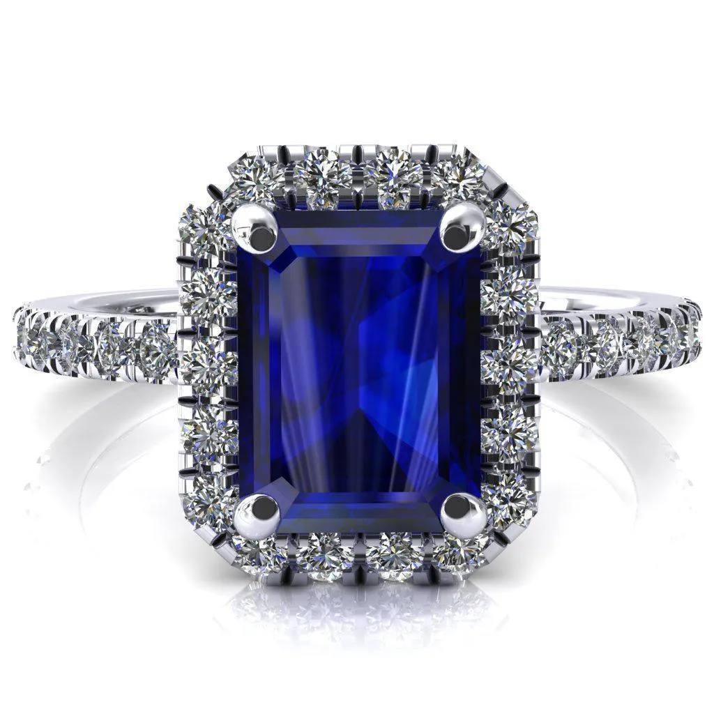 Talia Emerald Blue Sapphire 4 Prong Halo 5/8 Micropave Engagement Ring