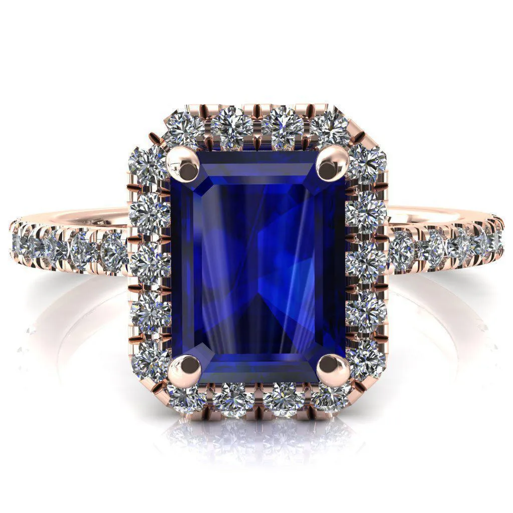 Talia Emerald Blue Sapphire 4 Prong Halo 5/8 Micropave Engagement Ring