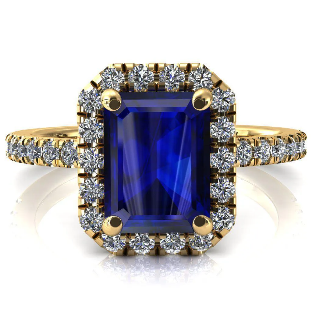 Talia Emerald Blue Sapphire 4 Prong Halo 5/8 Micropave Engagement Ring