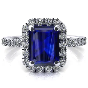 Talia Emerald Blue Sapphire 4 Prong Halo 5/8 Micropave Engagement Ring