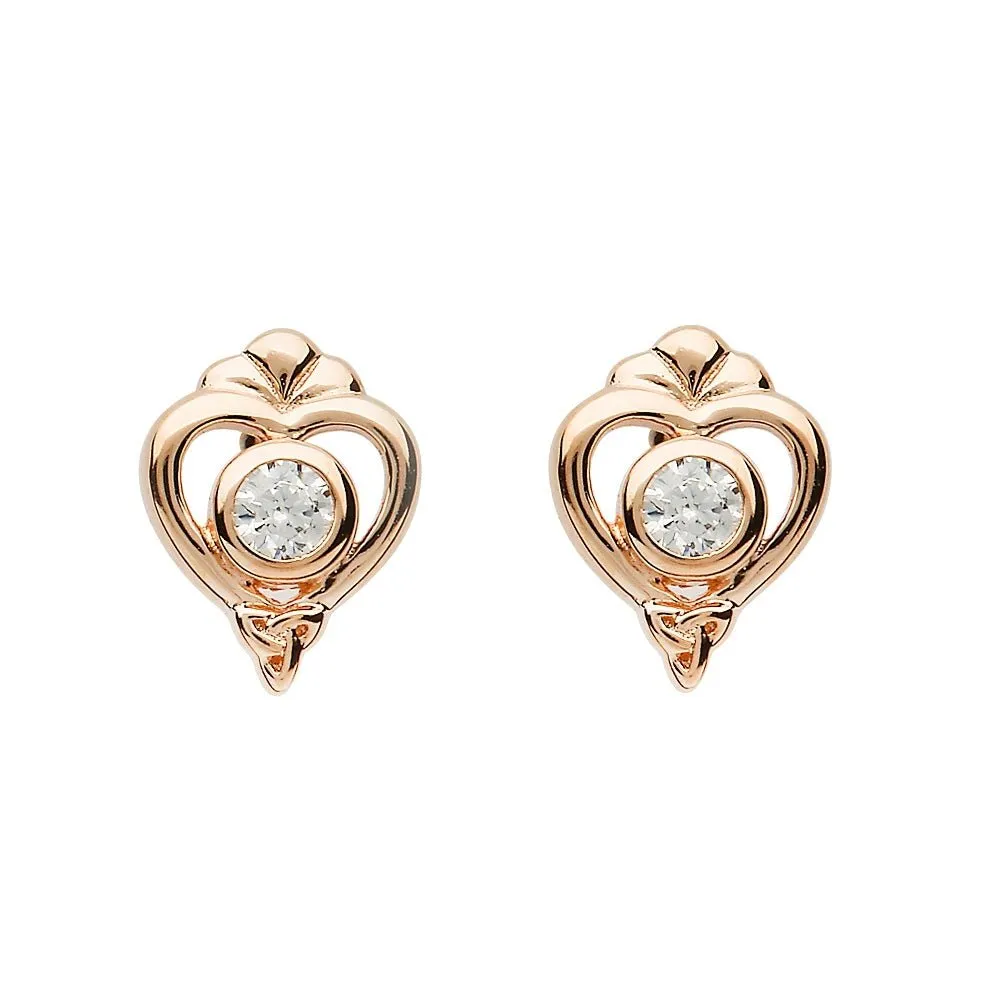 Tara's Diary Sterling Silver Princess CZ Earrings with Rose Gold Heart - TD238