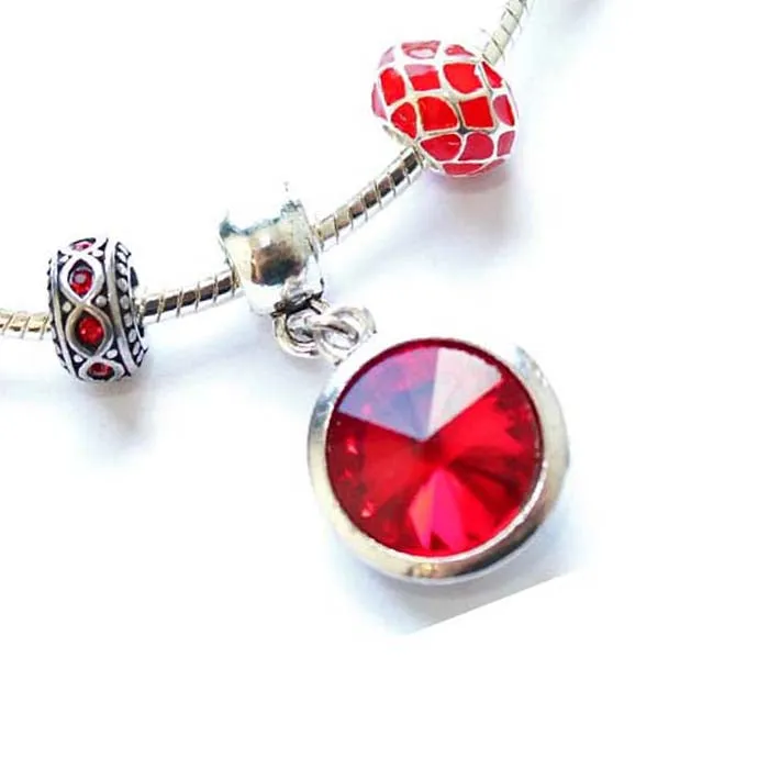 Teenager's 'July Birthstone' Ruby Colored Crystal Silver Plated Charm Bead Bracelet