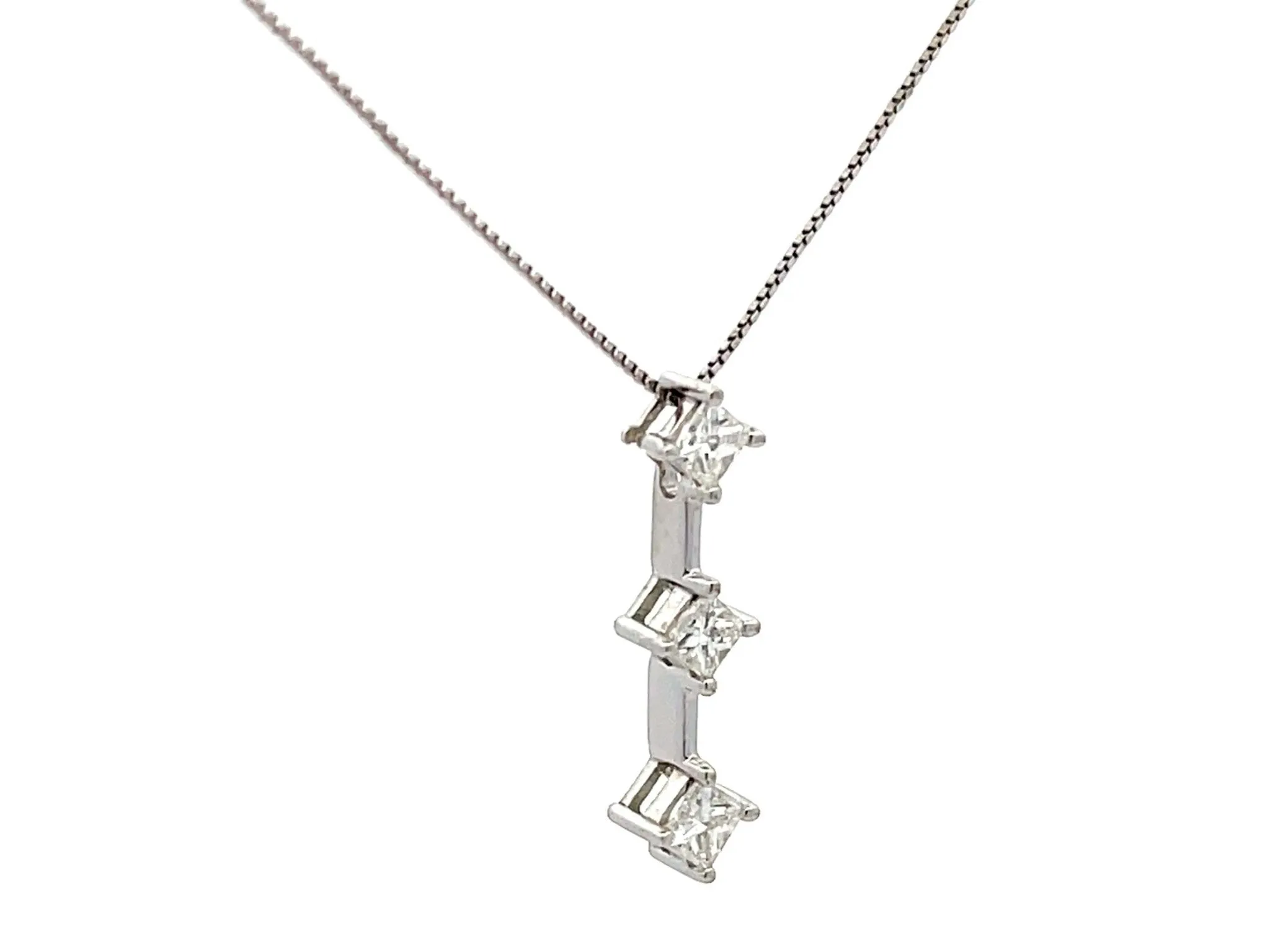 Three Princess Cut Diamond Drop Necklace in 18k White Gold