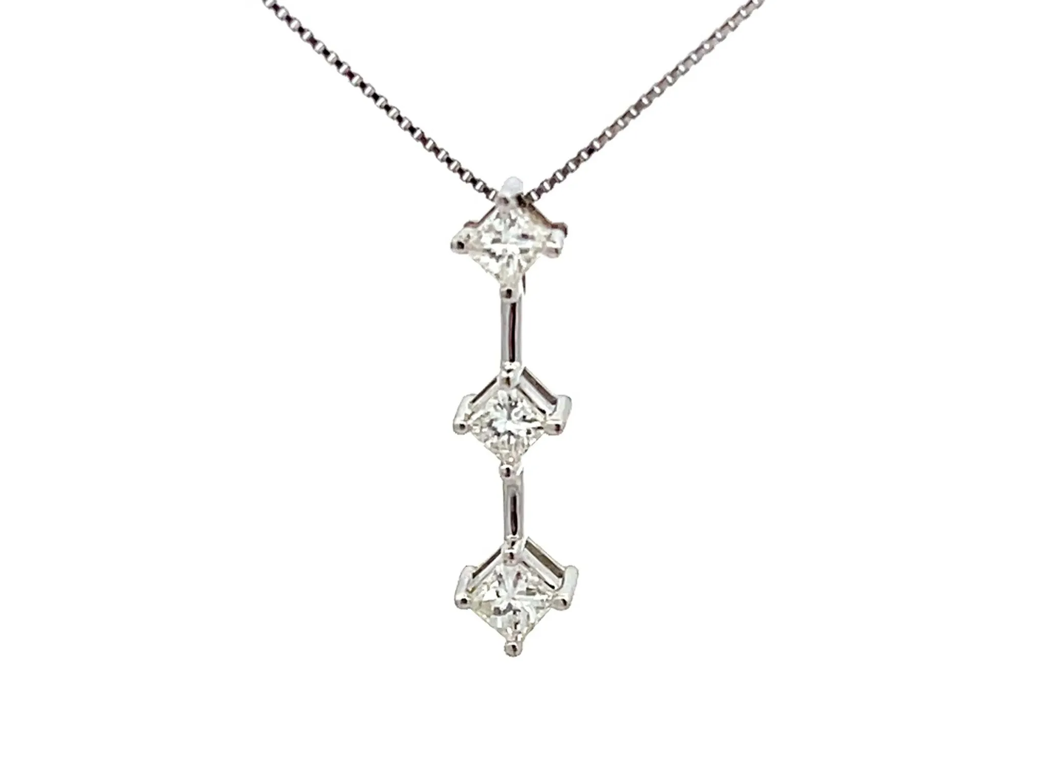 Three Princess Cut Diamond Drop Necklace in 18k White Gold