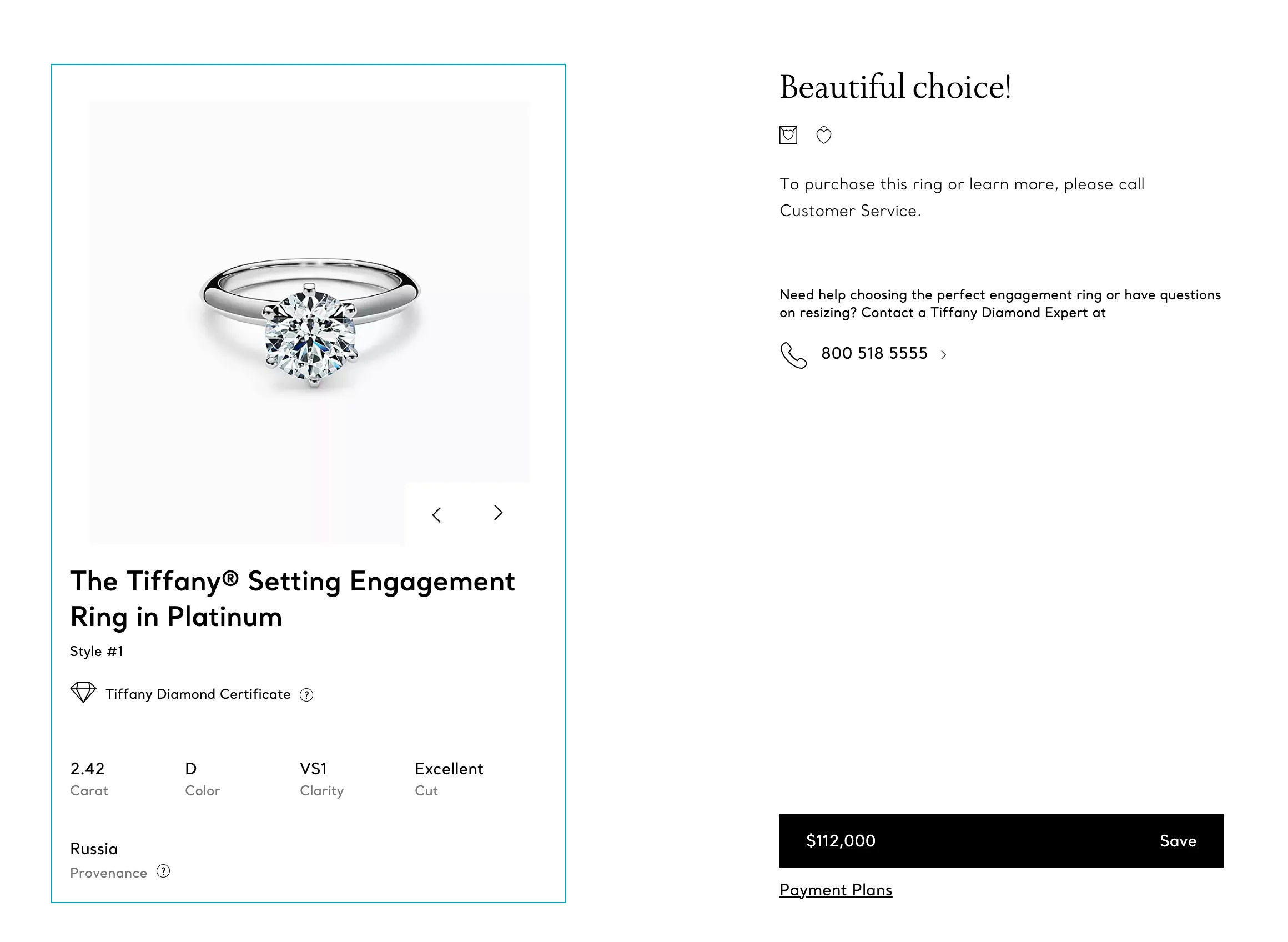 Tiffany & Co 18K Yellow Gold Platinum 2.42 ct DVS1 Round Diamond Engagement Ring