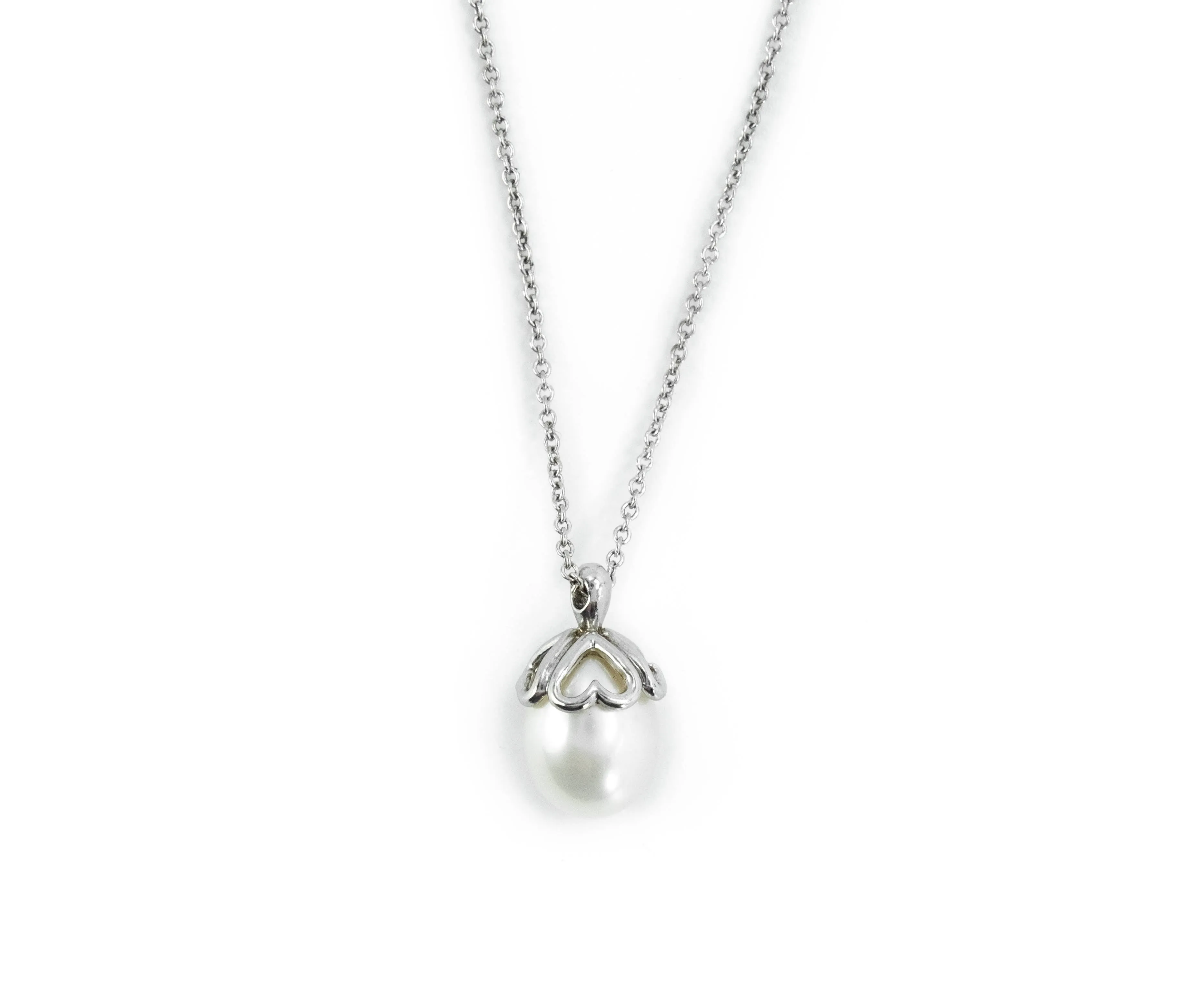 Tiffany & Co Freshwater Pearl Heart Cap Sterling Silver Pendant Necklace - 16"