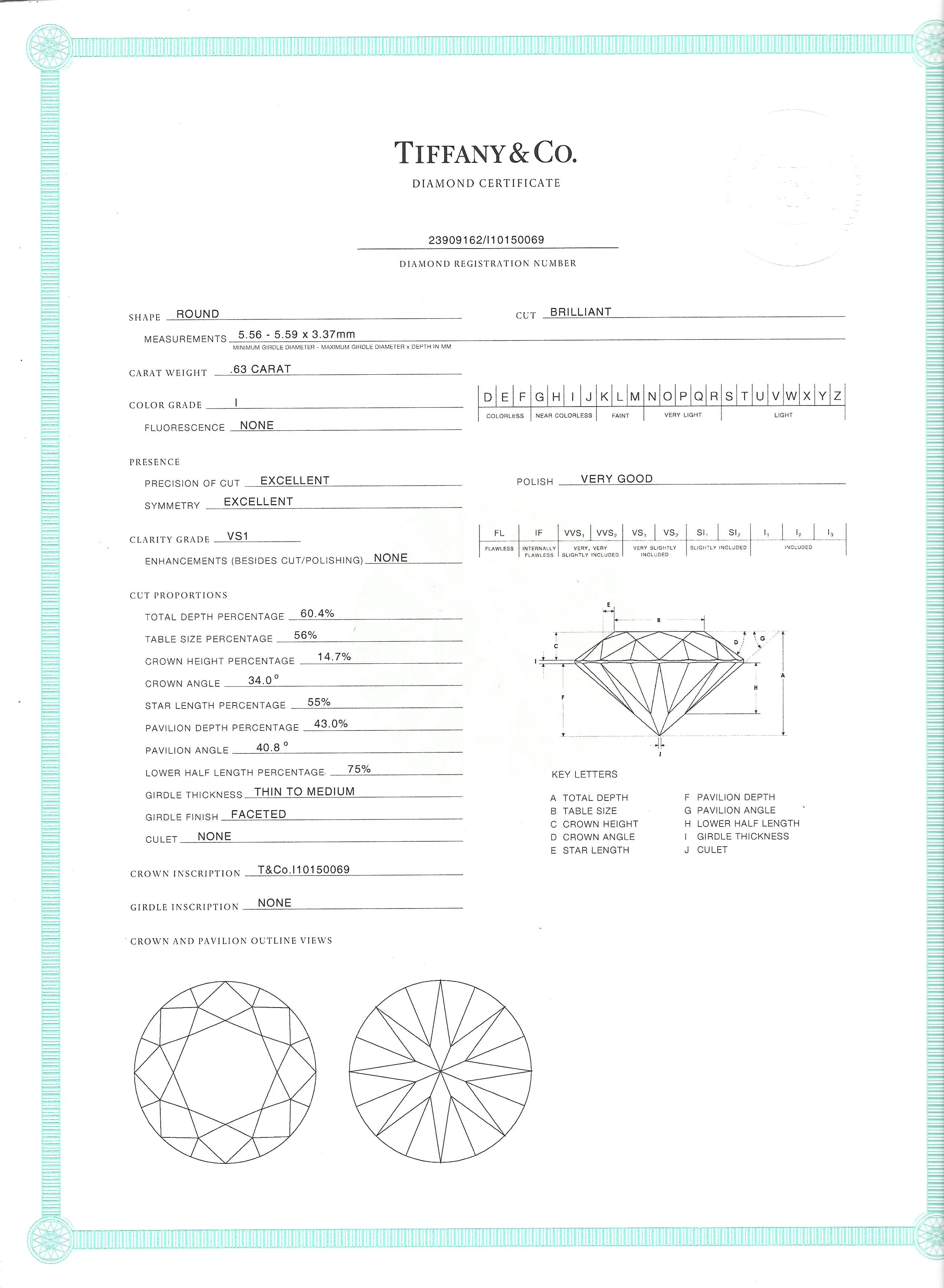 Tiffany & Co. 'Tiffany Setting' Diamond Solitaire Ring, 0.63 Carat I/VS1, in Platinum